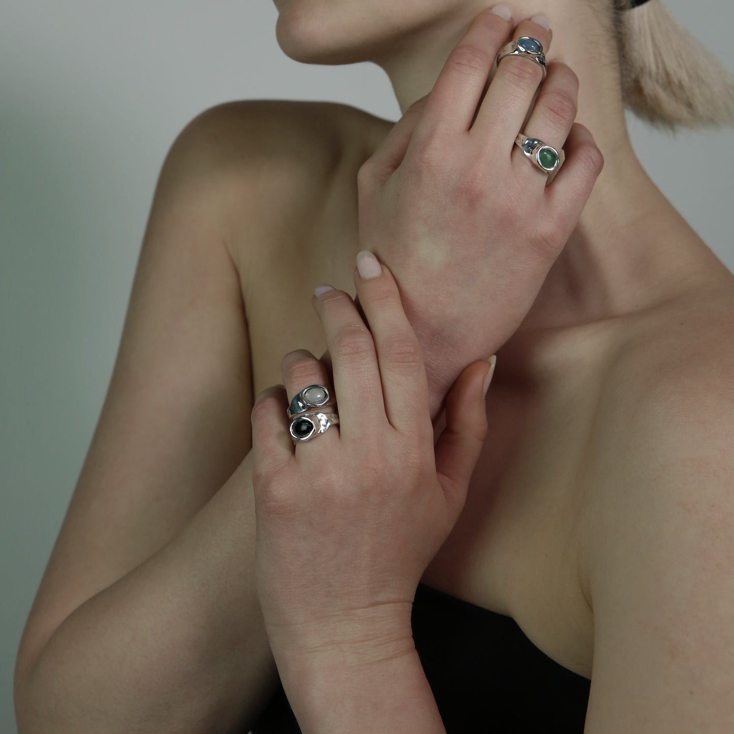 Semi-precious Gemstones: Black Agate, Chalcedony, Green Agate, or Mother of Pearl
Size &amp; Fit: Available in sizes 43mm to 60mm. Features an open, adjustable design that can be resized up to 3 sizes for a custom, perfect fit.
Finish: Smooth, polished finish with an organic, raw aesthetic
Craftsmanship: 100% Handcrafted in Greece
